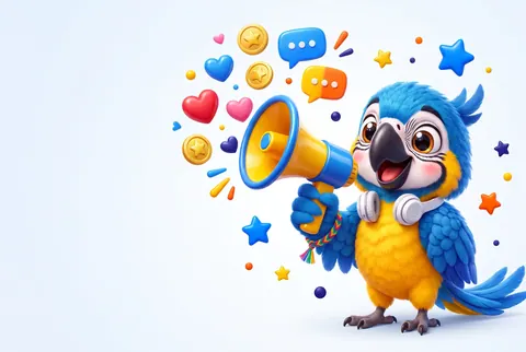 Polly com um megafone azul e amarelo de onde saem corações, moedas e balões de conversa