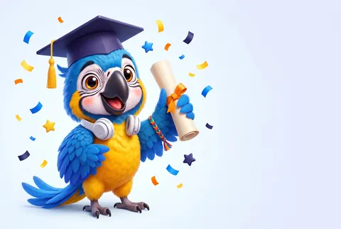 Polly con birrete de graduación y un diploma con lazo naranja, entre confeti