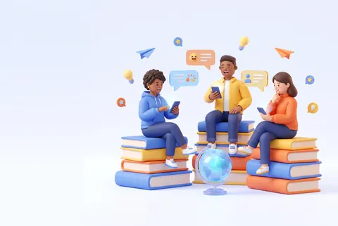 Tres estudiantes de distintos países sentados sobre libros gigantes alrededor de un globo, conversando por el celular