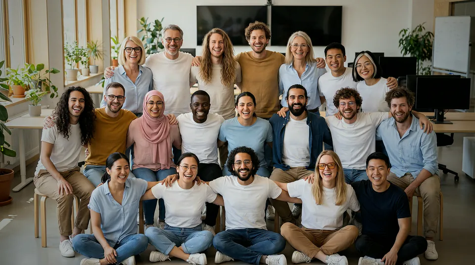 A equipe do Pollyfriends abraçada no escritório