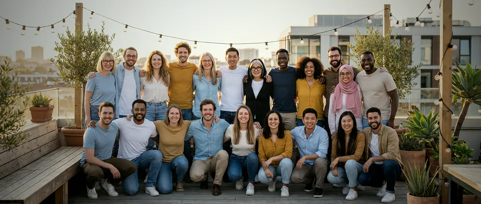 A equipe do Pollyfriends num terraço ao pôr do sol, sob um varal de lâmpadas