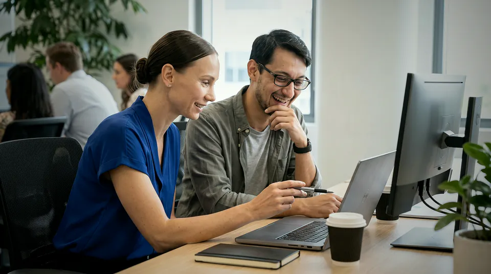 Dois colegas programam juntos no mesmo notebook