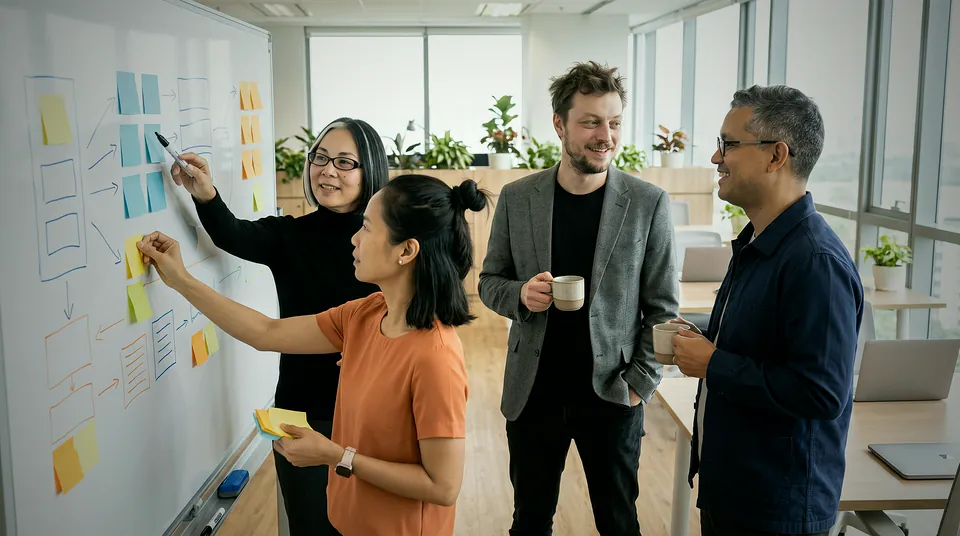 Time faz um brainstorm no quadro branco com post-its