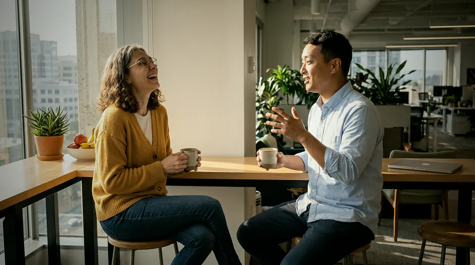 Dois colegas conversam tomando café no escritório
