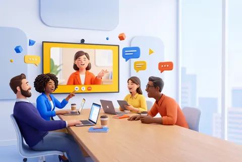 Equipe de quatro profissionais numa sala de reunião praticando um idioma numa videochamada com um tutor sorridente
