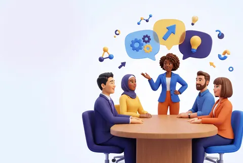 Executiva negra de blazer azul apresentando com confiança para clientes de outros países