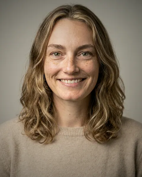Retrato de Élodie Brunet, Diretora de design do Pollyfriends, sorrindo em fundo cinza claro