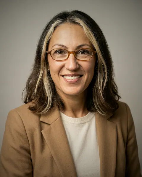 Retrato de Francesca Ricci, Diretora de conteúdo do Pollyfriends, sorrindo em fundo cinza claro