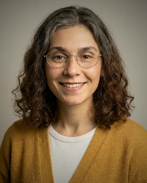 Retrato de Gizem Uslu, Product designer do Pollyfriends, sorrindo em fundo cinza claro