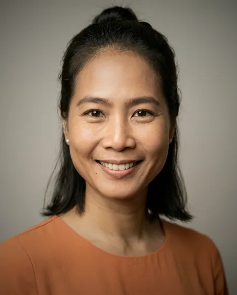 Retrato de Anjani Kusumawati, Especialista em pedagogia do Pollyfriends, sorrindo em fundo cinza claro
