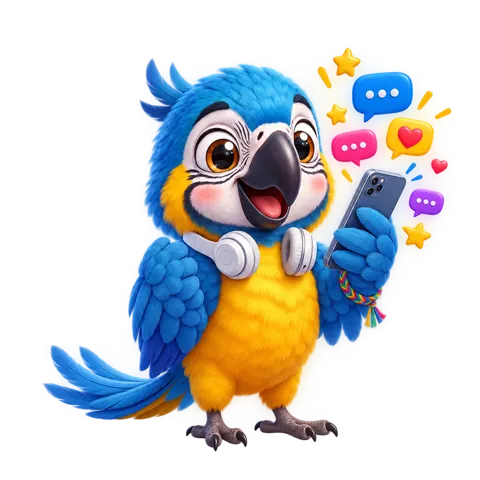 Polly, the Pollyfriends macaw, holding a phone full of messages